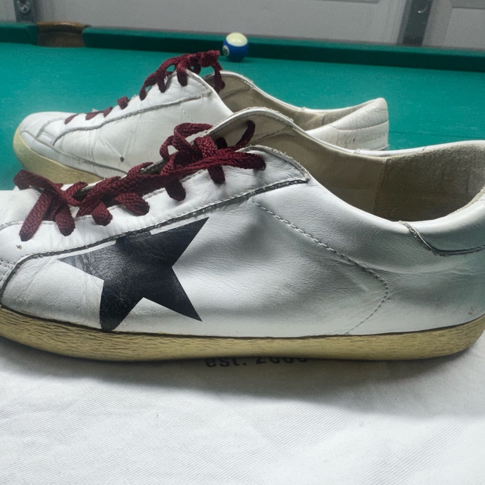 Golden Goose White Sneakers with Black Star and Burgundy Laces